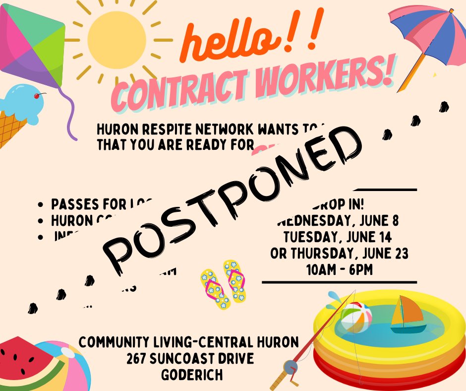 HuronRespite's tweet photo. Tomorrow's Contract Worker Information Day has been postponed until Thursday, July 7 (10am - 6pm) BUT Don't hesitate to contact us if we can help with planning your summer fun.  Let us know if you have any questions :) https://t.co/uAMSwokAkC