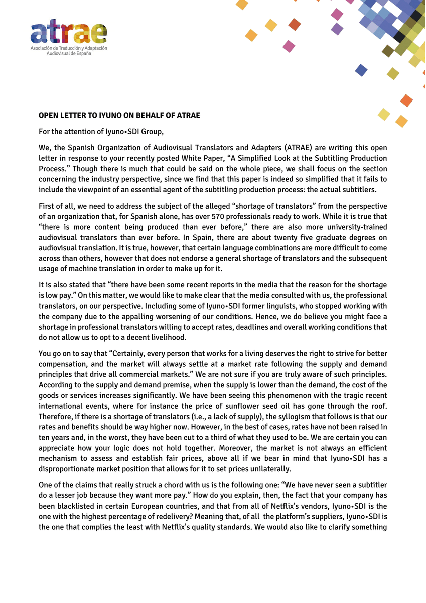 ATRAE_ORG's tweet photo. Respuesta de @ATRAE_ORG al comunicado de @iyunosdi.

Os recomendamos que lo leáis en nuestra página web: https://t.co/2QfblnVBDh

---

Open letter to @iyunosdi on behalf of @ATRAE_ORG. https://t.co/ucpMlC0fD6
