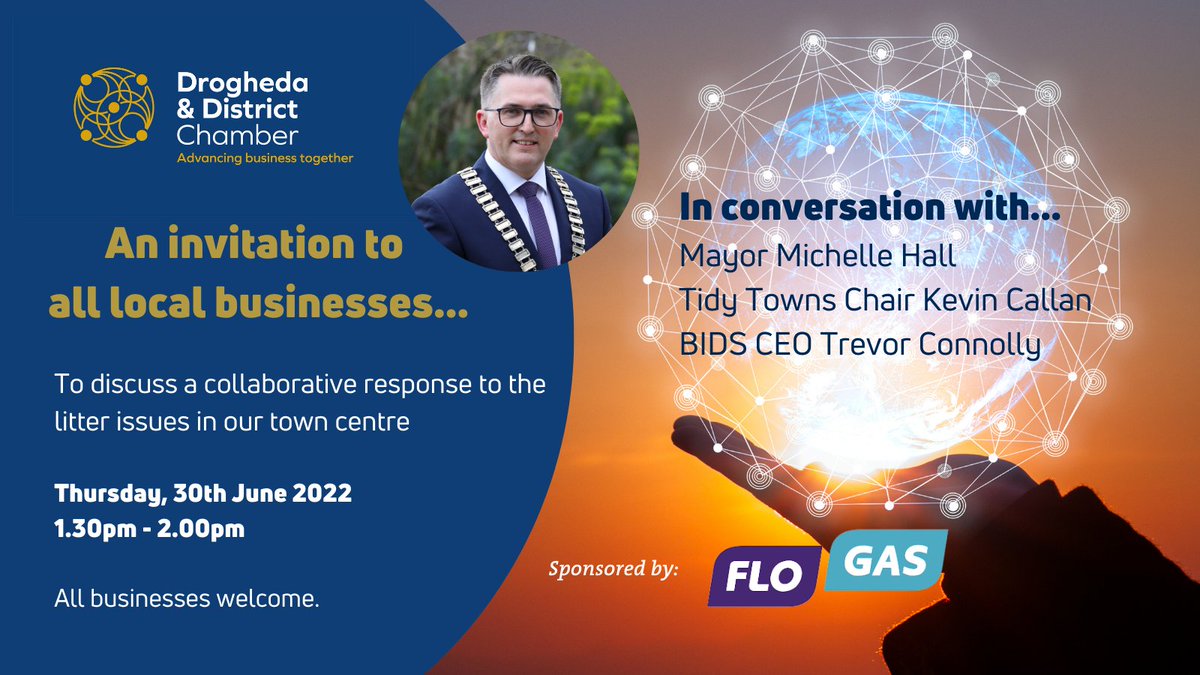 DroghedaChamber's tweet photo. Next Thursday 30th June, Chamber President @RobertMurrayIE invites all local business owners and managers to join a short introductory online discussion on how best local businesses can work together to help improve the cleanliness of our town centre
#ElevatingDrogheda #LouthChat https://t.co/XwPuzM99mP