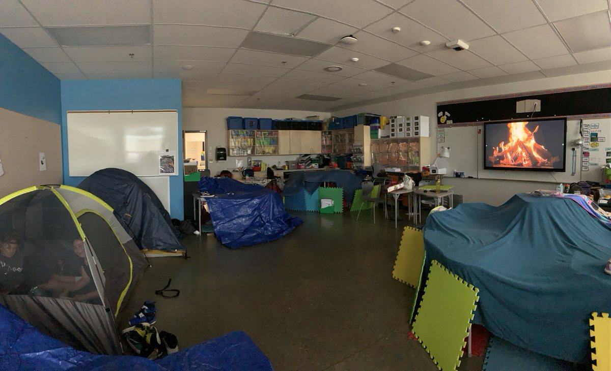 mrstaylorgrade5's tweet photo. MrsT classroom camp out is back!!! Tents built and campfire roaring  ⁦@IRIC_WC⁩ https://t.co/DFGHGnA3fT