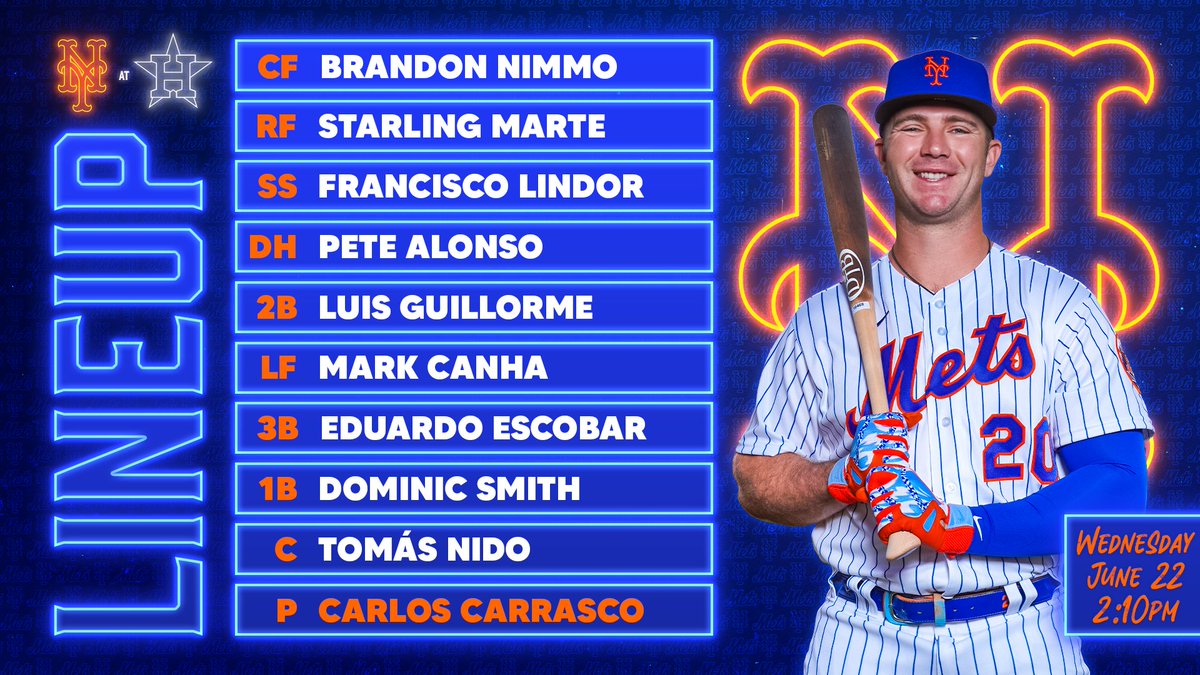 Mets's tweet photo. Let’s even things up. #LGM

🆚: Houston
💪: @Cookie_Carrasco
📍: Minute Maid Park
🕕: 2:10 p.m.
📺: @SNYtv, @MLBNetwork (out-of-market only)
📻: @wcbs880
🔗: https://t.co/LkHVA90Anh https://t.co/3oVjPaws6C