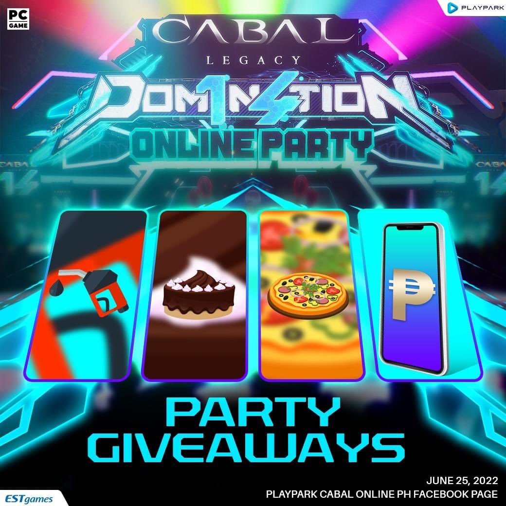 PlayParkPH's tweet photo. Be sure to tune in to the #Dom1n4tion Online Party as party giveaways will be given all throughout the event! 🤩 
⛽️Gas Voucher 
📱Digital Wallet Load
🎂Cake
🍕Pizza
Read more about the party here: https://t.co/gZpoYFi2X1 

#Caba14nniversary #CABALOnlinePH #CABALegacy https://t.co/1p1FFmIczZ