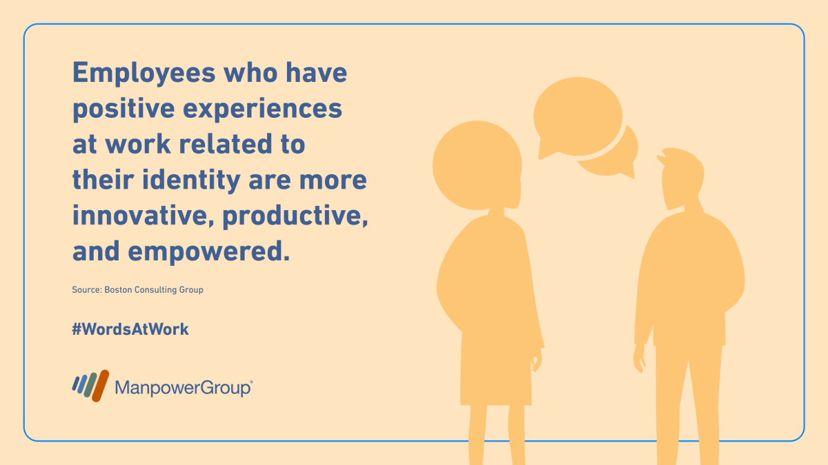 ManpowerGroup's tweet photo. The words you choose and the actions you take matter. Discrimination negatively impacts our #LGBTQ+ colleagues. Download @ManpowerGroup's #WordsAtWork Guide for more info on creating an #inclusive workplace: https://t.co/942AXjXvpr #Pride2022 #ManpowerGroupPride https://t.co/mrQ6llPuIT