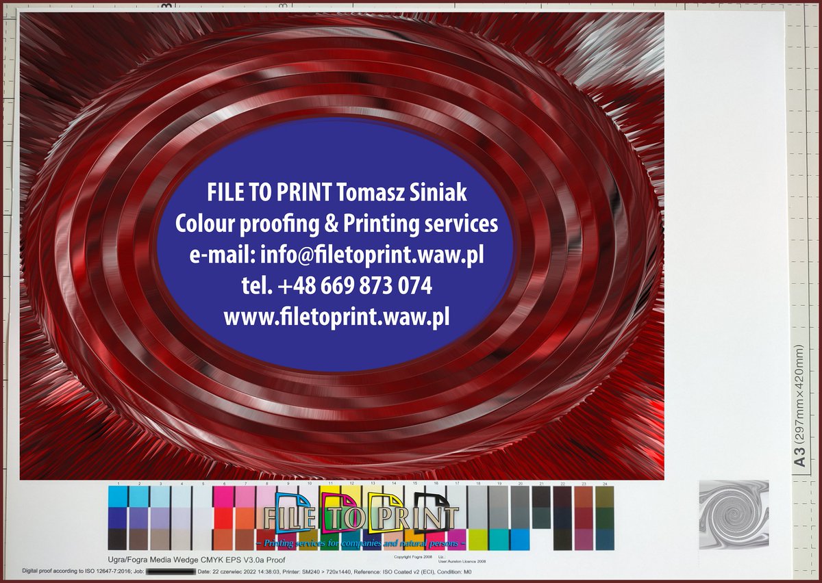 Fogra certified proofs, press proofs, printer's proofs, colour accurate proofs, contract color proofs prints to A2+ size. FILE TO PRINT Tomasz Siniak Colour proofing &amp; Printing services #filetoprint #tomaszsiniak #Fograproofs #printersproof #PrintFactory #ProofMaster #Warsaw
