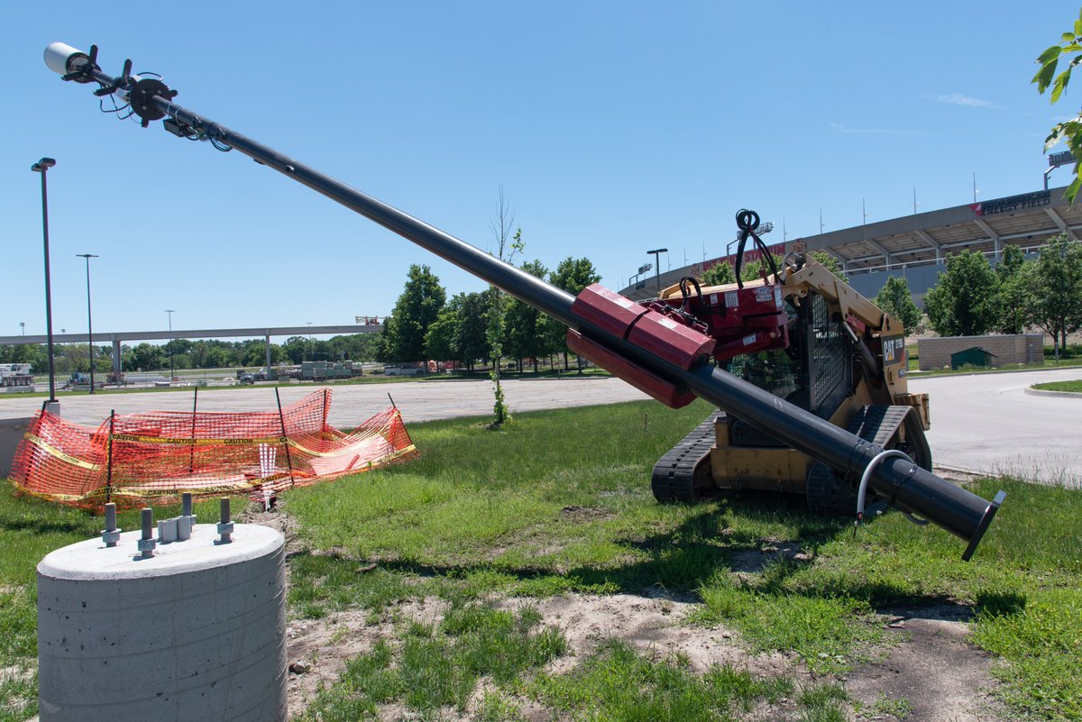 VIKORInc's tweet photo. Work at Iowa State's Jack Trice Stadium continues as VIKOR crews have been busy installing new @USCellular #5G towers throughout the area.🌪️🚨🌪️@CycloneFB #IowaState #CycloneNation #CycloneVision #BeVIKOR #DedicationToElevation https://t.co/F8EiXfckF3