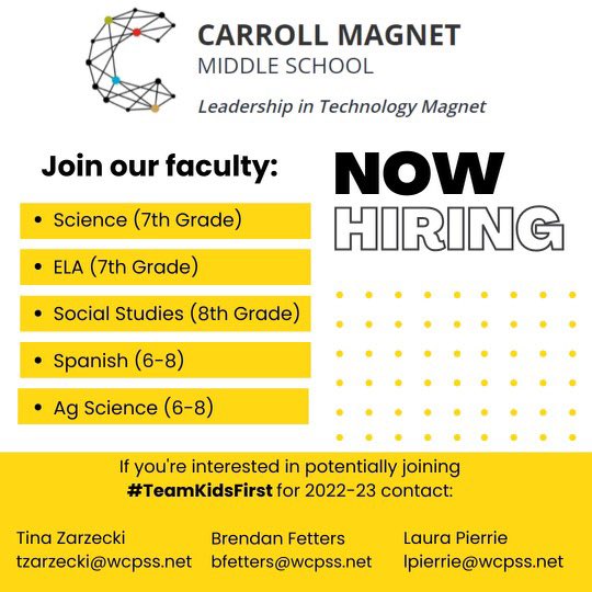 Interested in joining #TeamKidsFirst? Want to work in a <a href="/wcpssmagnets/">WCPSS Office of Magnet Schools (Choice Schools)</a> Magnet School of Distinction? We’re building our 22-23 team &amp; would love to hear from you! #WeAreCarroll