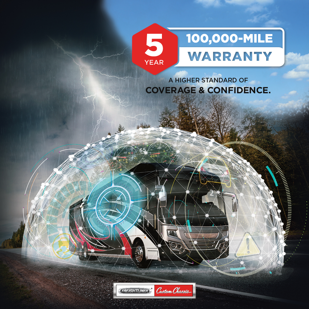 How much exploring could you do with 5 years and 100,000 miles? That's the warranty coverage that comes standard on RVs built on FCCC starting on 2023MY chassis — providing peace of mind for wherever life takes you.
