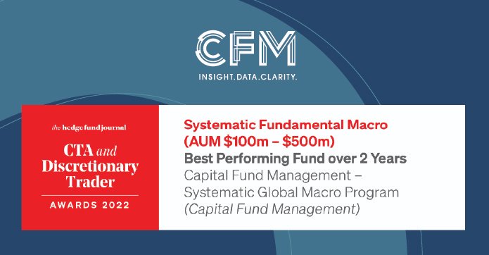 More good news! We are delight to have received The Hedge Fund Journal CTA and Discretionary Trader Award 2022 for Systematic Fundamental Macro (AUM$100m-$500m) Best Performing Fund over 2 yrs for our CFM Systematic Global Macro program. For more details: thehedgefundjournal.com/the-hedge-fund…
