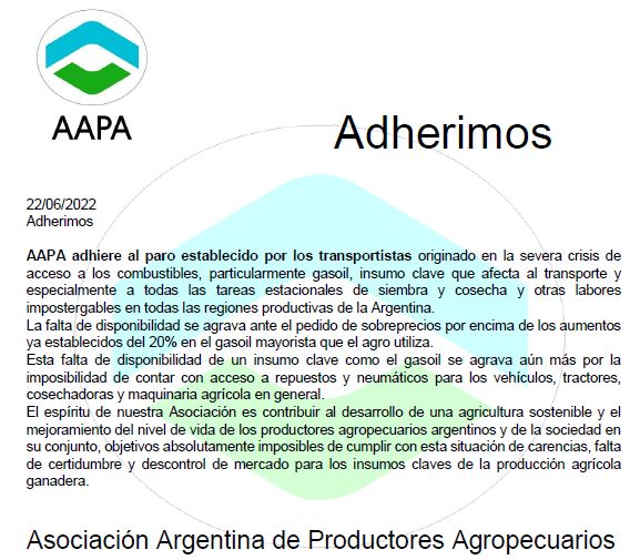 SomosAAPA's tweet photo. AAPA adhiere al paro de transportistas originado en la severa crisis de acceso al gasoil, insumo clave que afecta al transporte y especialmente a todas las tareas estacionales de siembra, cosecha y otras labores impostergables en todas las regiones productivas de la Argentina. https://t.co/DOByEf5pCJ