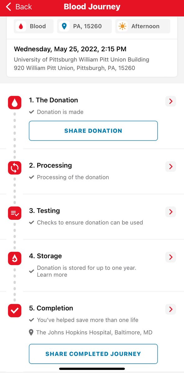 My favorite part of donating blood with the ⁦<a href="/RedCross/">American Red Cross</a>⁩ (besides helping someone in need) is seeing where my blood travels! This time, it’s helping someone at ⁦⁦⁦<a href="/HopkinsMedicine/">Johns Hopkins Medicine</a>⁩ in Baltimore 🏥
