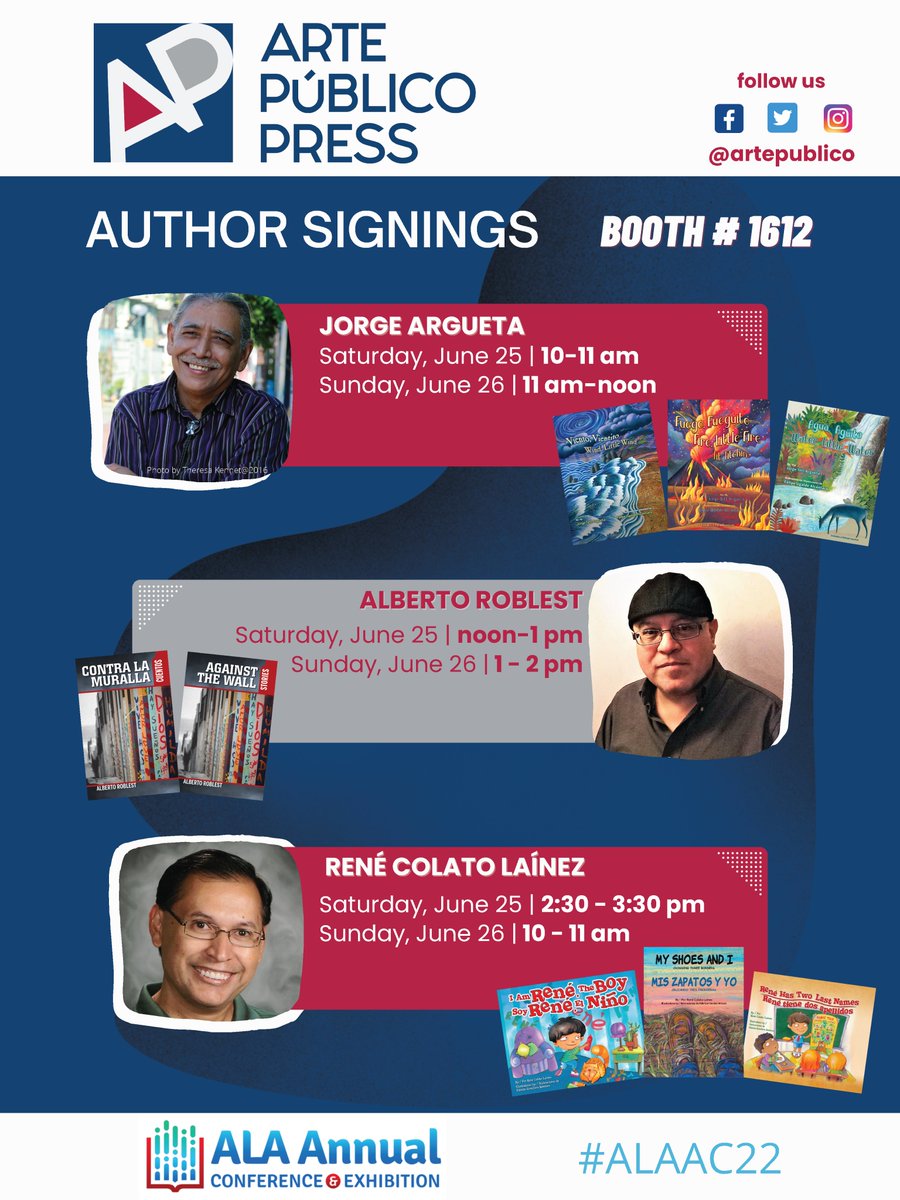 artepublico (@artepublico) on Twitter photo Come see us at #ALAAC22 in booth 1612 and meet authors <a href="/jtetlargueta/">Jorge argueta</a> <a href="/renecolato/">Rene Colato Lainez</a> & Alberto Roblest #ownvoices #librarytwitter #librarylife #libraries #authors #AuthorsOfTwitter #books #bookstagram Come see us at #ALAAC22 in booth 1612 and meet authors <a href="/jtetlargueta/">Jorge argueta</a> <a href="/renecolato/">Rene Colato Lainez</a> & Alberto Roblest #ownvoices #librarytwitter #librarylife #libraries #authors #AuthorsOfTwitter #books #bookstagram