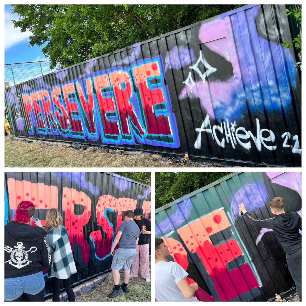 Mural complete! The S4 @PrincesTrustSco Achieve class made final touches today, adding a bit of vibrance and a familiar message to our outdoor sports area #persevere #community #skills