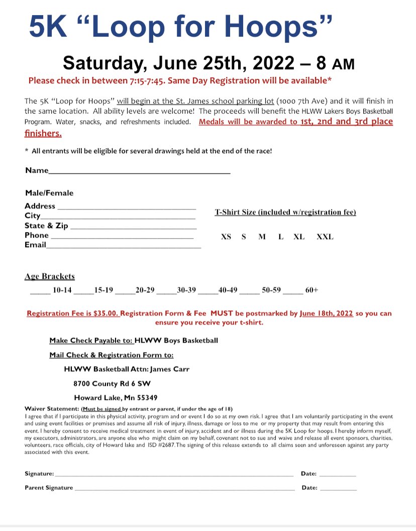 HLWWBoysHoops's tweet photo. There is still time to sign up for the Good Neighbor Days 5K “Loop for Hoops!” If interested please email jcarr@hlww.k12.mn.us. Same day sign ups welcome too! ⁦@LAKERSHLWW⁩ ⁦@HLWWTrack⁩ ⁦@hlwwxc⁩ https://t.co/0xuOEso7R4