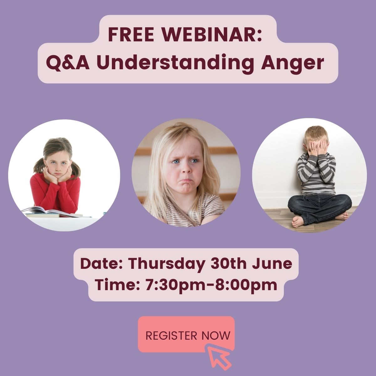 Have you registered for our next webinar?

Topic: Understanding Anger
Date: Thursday the 30th of June
Time: 7:30pm-8:00pm

Reserve your FREE spot: bit.ly/3xKnLmL

#parentingclasses #parentingadvice #parentingtips #families #schooltips #teens #childbehaviour #edutwitter