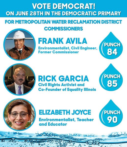 Rogers Park Chamber of Commerce endorsed candidates for Metropolitan Water Reclamation District Commissioners

Frank Avila - Punch 84
Rick Garcia - Punch 85
Elizabeth Joyce - Punch 90

frankavilacleanwater.com