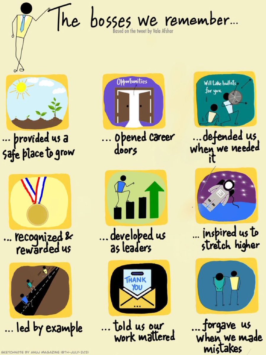 ValaAfshar's tweet image. The bosses we remember:

1 provided us a safe space to grow
2 opened career doors
3 defended us when we needed it
4 recognized and rewarded us
5 developed us as leaders
6 inspired us to stretch higher
7 led by example
8 told us our work mattered
9 forgave us when we made mistakes