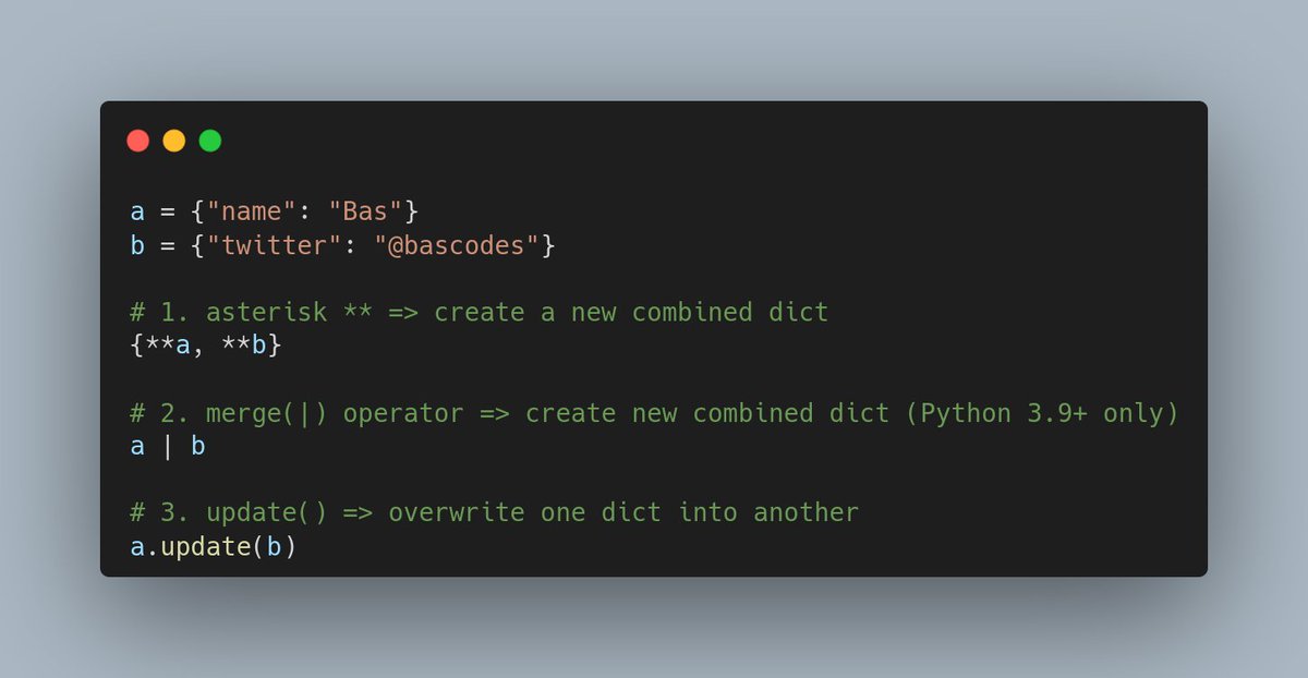python_tip's tweet image. #pythontip by @bascodes 

Three ways to merge dicts in Python 👇