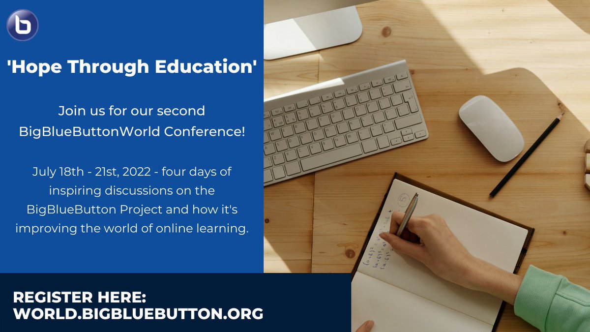 We're so excited to announce that we'll be hosting our SECOND #BigBlueButtonWorld virtual global conference 🥳 ! This year's theme is Hope Through Education. #edtech #opensource #conference 

To register and learn more, visit our event page at: world.bigbluebutton.org
