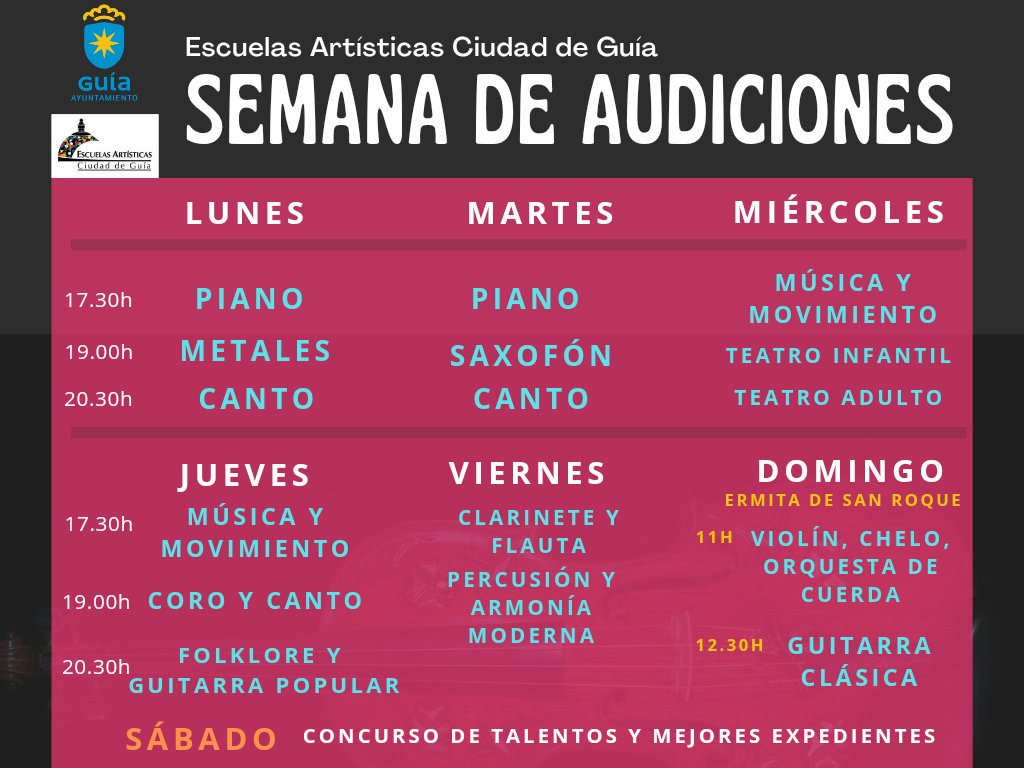 🎼🎤🎹🥁🎺🎷🩰🎸🎻🎭
Las Escuelas Artísticas Ciudad de Guía están esta semana celebrando sus audiciones de final de curso. Aún estás a tiempo de comprobar el talento y la evolución de sus alumnos. 📅
#SantaMaríadeGuía