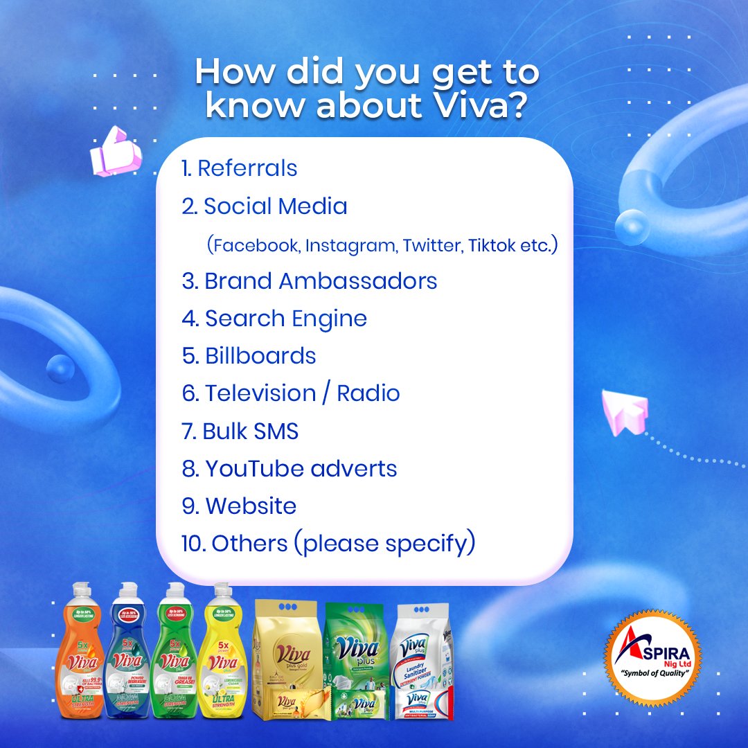 AspiraLtd's tweet photo. Hello Fam๐ฅฐWe are curious ๐How did you get to know about Viva? Tell us in the comments ๐๐
#AspiraNigeria #Vivaplus #detergent #Viva #questions #product #explore #explorepage https://t.co/BFaForTmTi