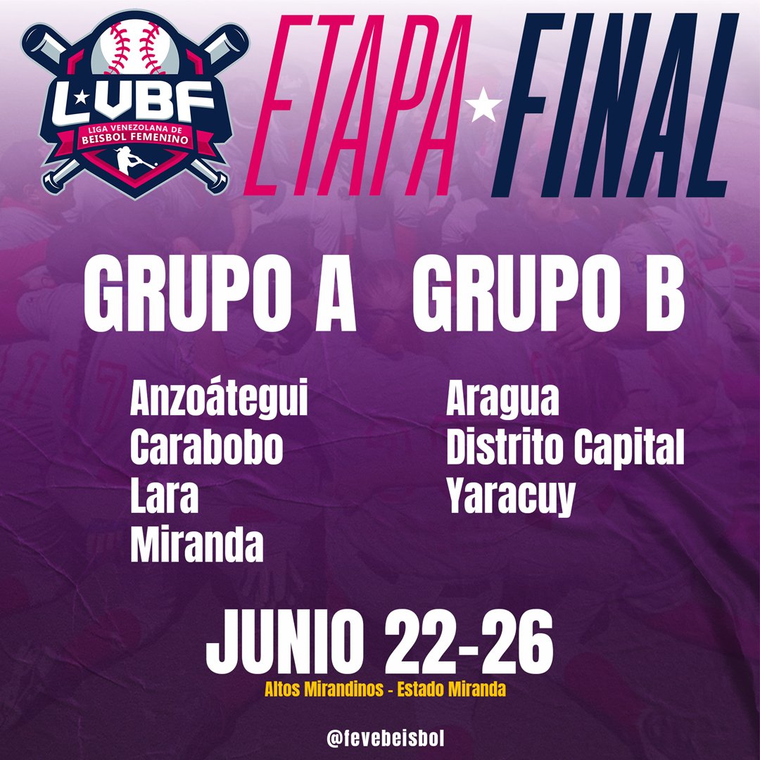 Liga Venezolana de Beisbol Femenino
💥⚾

¡Todo listo para la etapa final! 

Del 22 al 26 de junio en los municipios Carrizal y Guaicaipuro del Estado Bolivariano de Miranda.

Rumbo al Campeonato Premundial Venezuela 2022

Más información en 💻 fevebeisbol.org

#LVBF