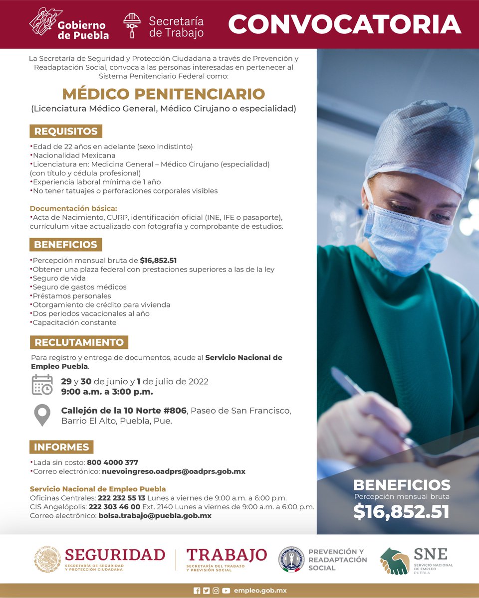 SNEPueblaOfi's tweet photo. 🚩¿Te interesa ser parte del Sistema Penitenciario Federal?
🔸Acude el próximo 29 y 30 de junio y 1 de julio de 2022 al reclutamiento para Oficial en prevención penitenciaria y Médico Penitenciario. https://t.co/u80q1LXgiX