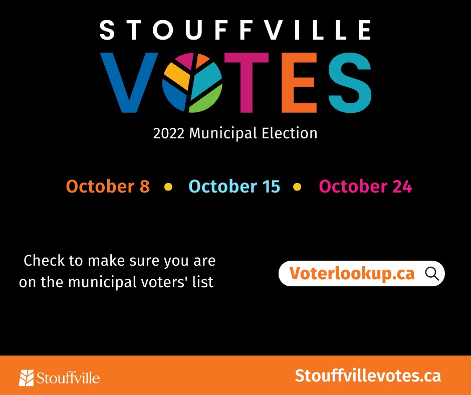 The municipal election is coming in October and voters will be selecting a Mayor, a Ward Councillor, and a School Board Trustee for #Stouffville
Vote on: 
• October 8 
• October 15
• October 24
Make sure your voter information is correct by visiting voterlookup.ca
