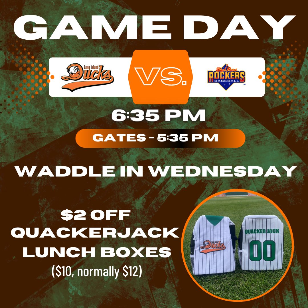 LIDucks's tweet photo. Join us for our 6:35 p.m. game against the High Point Rockers!
Itโs #WaddleInWednesday at the ballpark! Fans will be able to enjoy $2 off all QuackerJack Lunch Boxes at the Waddle in Shop. ๐ https://t.co/4S13CnExOL
