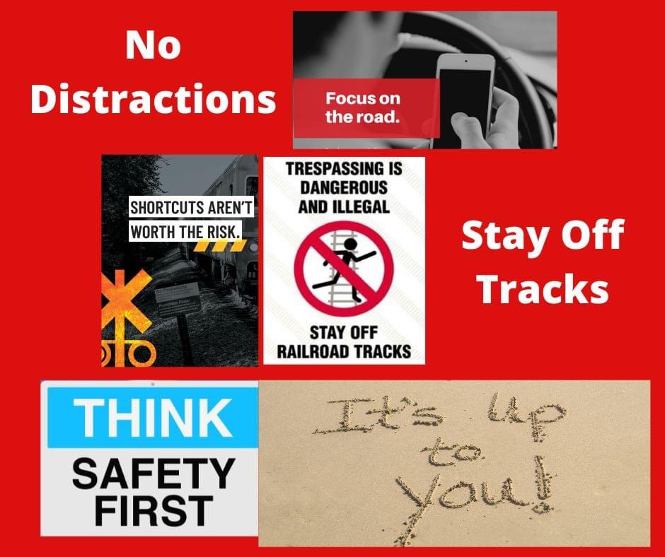 CAOpLifeSaver's tweet photo. Near railroad tracks make the right choice. Avoid Distractions, Eyes Up, focus on the road. Never Walk on or use train tracks as a short cut.  #NotWorthTheRisk #ChooseSafetyFirst #ItIsUpToYou https://t.co/CRqu7KPAVd