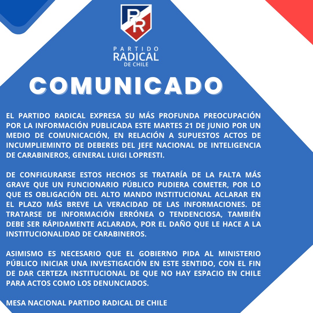El Partido Radical expresa preocupación por lo publicado por medio <a href="/InterferenciaCL/">Interferencia</a> y las supuestas faltas a deberes institucionales de general Lopresti. Debe ser aclarado en un plazo breve. Comunicado 👇🧐