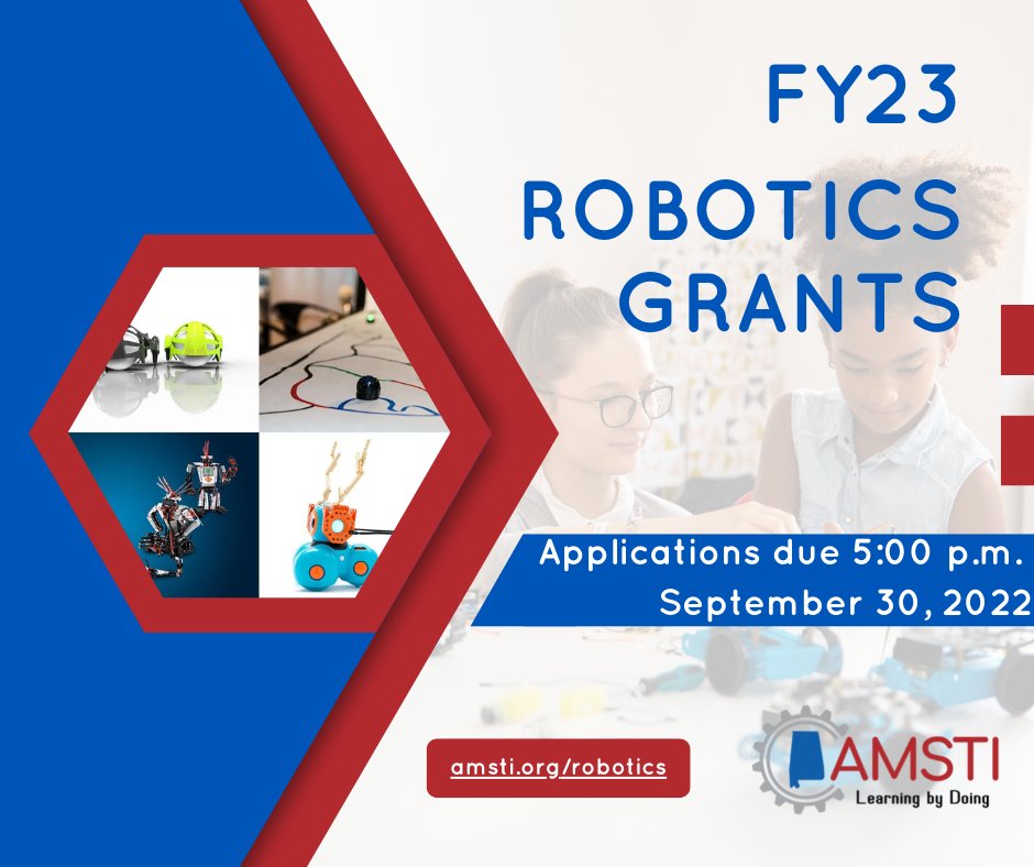 The FY23 Alabama Robotics Grant Program application is now open! Visit amsti.org/robotics for more information! <a href="/AlabamaAchieves/">Alabama State Department of Education</a>