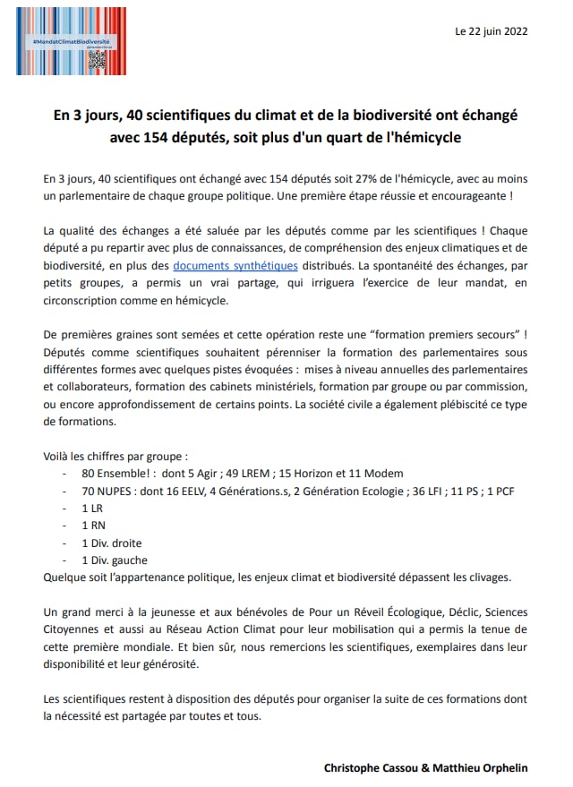 WE DID IT !! 
🔥🔥🔥154 député-es formé-es par plus de 40 scientifiques.💚💚💚
Merci infiniment aux 30 bénévoles, à <a href="/cassouman40/">Christophe Cassou</a>, à ma team parfaite, aux scientifiques et aux parlementaires. 💪💪💪
Un moment inoubliable, qui sera utile pour la suite !
#MandatClimatBiodiversité