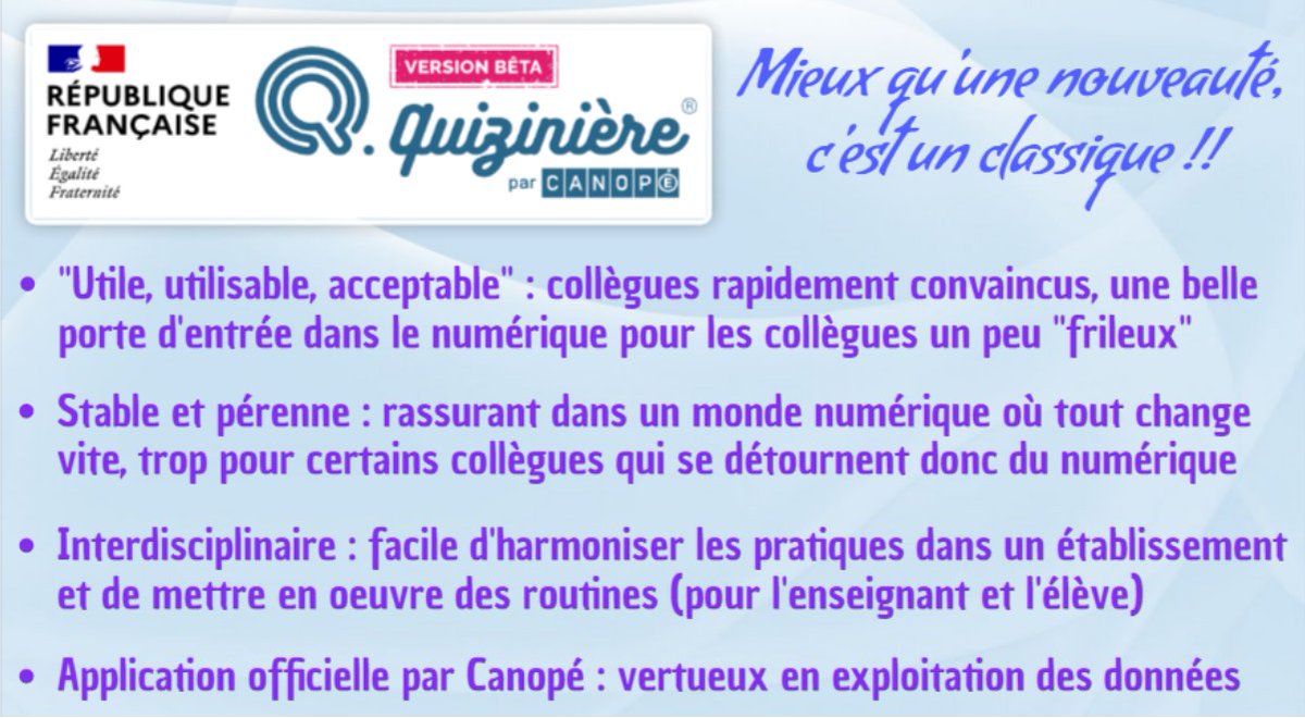 JohannNallet's tweet photo. LaQuizinière : archi-connu des pros du numérique éducatif, parfois même boudée pour des outils plus puissants. Mais le formateur numérique y verra une valeur sûre, l'appli béton pour rassurer les plus méfiants envers le numérique 😃. Et non, je ne bosse pas pour Canopé 😉 https://t.co/cXv1XUc7Cn