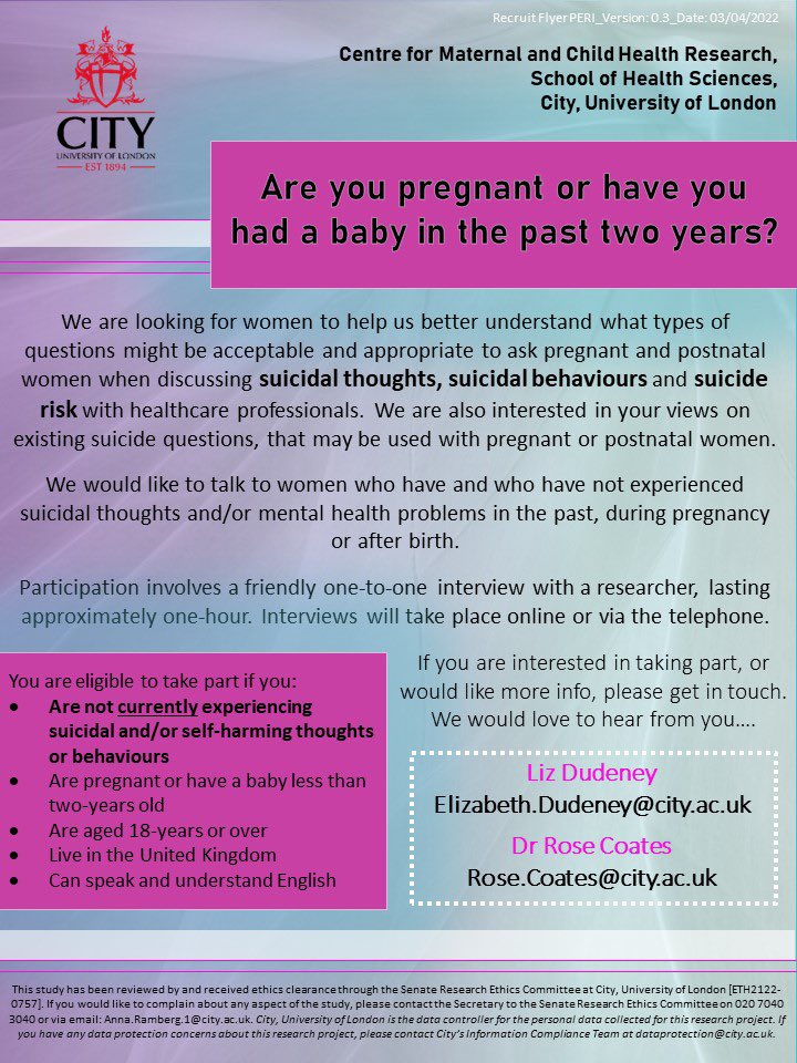 #Pregnant &amp; #postnatal women needed for important #suicideresearch looking at the acceptability of asking different suicide questions during #pregnancy &amp; after birth. Details &amp; eligibility below ⬇️. Please RT 🙏🏻. #maternalmentalhealth #perinatalmentalhealth #maternalmhmatters