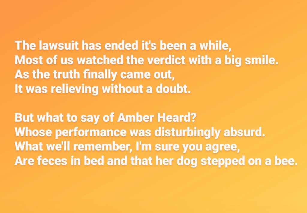 TheDailyPoem2's tweet photo. On #AmberHeard and #BeeGate
#AmberHeardIsALiar #amberheardvsjohnnydepp #JohnnyDepp #JohnnyDeppGotJustice #JusticeForJohnnyDepp #mydogsteppedonabee #poetry #poetrycommunity #poetrytwitter #poetrylovers #Daily #poem #poemas #lawsuit #Virginia #justice https://t.co/fBu3VvWCvV