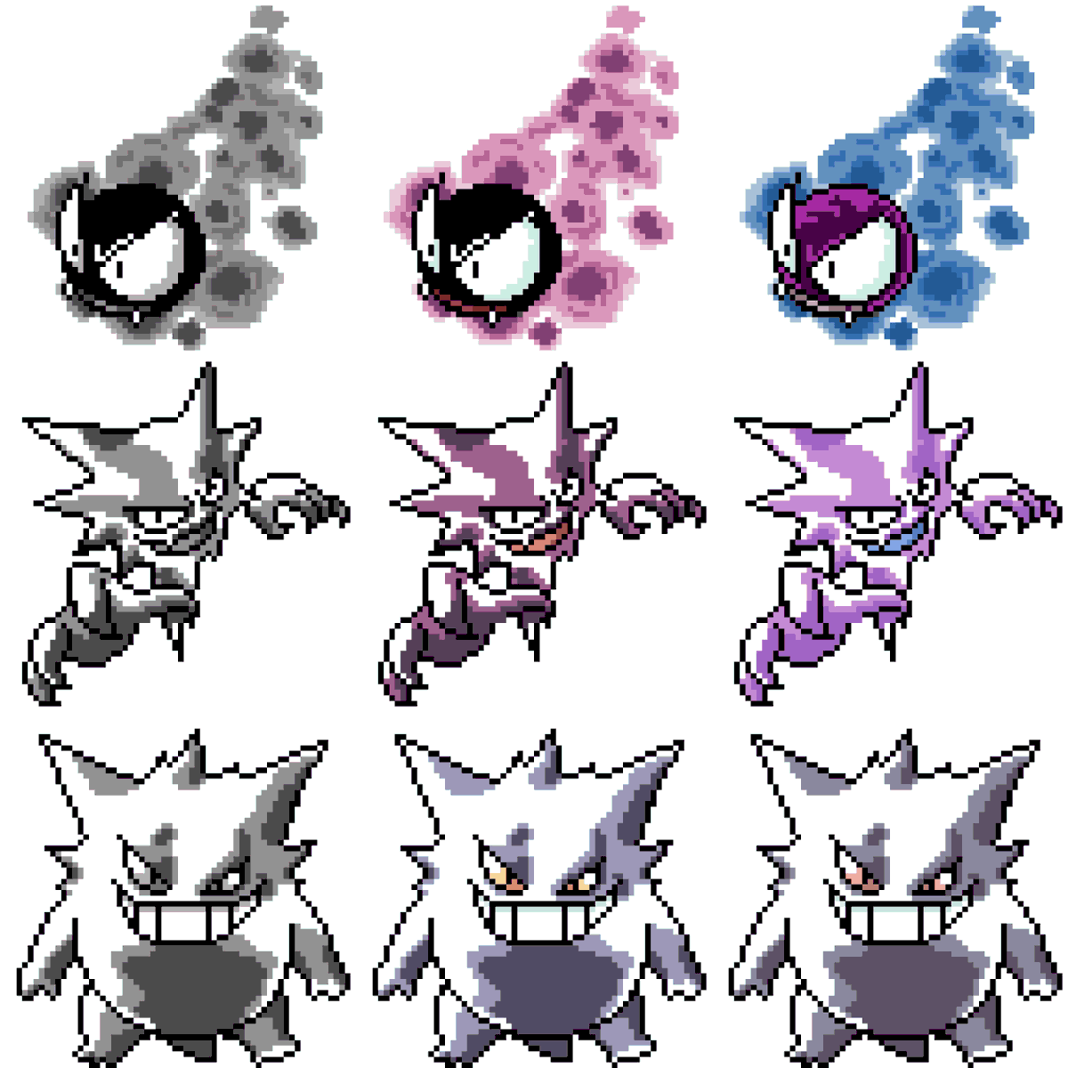 Hen_Barper's tweet photo. # 92 93 &amp; 94 #Gastly family Sugimori art recreated as a 64x64 sprite now with shinies! 

See the process: https://t.co/Lct4EAhRJk

#pokemon #pokemonart #draw #pixelart #pokemonfanart #Haunter #Gengar https://t.co/N0q49oLubt