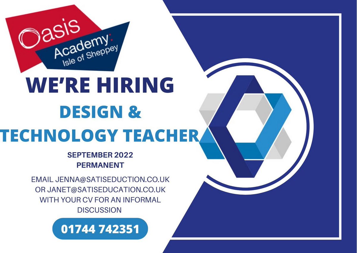 StaciLynchSatis's tweet photo. Weβre #recruiting! Oasis Isle of Sheppey are recruiting for a #DTTeacher to join their team.
Visit https://t.co/jM0d48QXx8 now!
@SatisEducation
@JennaEverettOER
#edutwitter #edujobs #oasisacademy #designandtechnology #resistantmaterials #textiles #teacher https://t.co/8jOQYmS6db