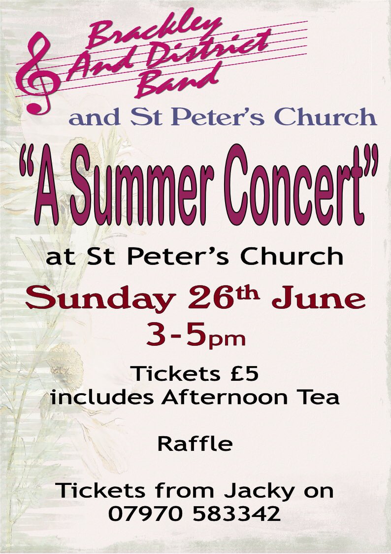 Afternoon Tea and summer concert - all for just £5. We look forward to seeing you there. <a href="/brackleycouncil/">Brackley Town Council</a> <a href="/BrassBandsEng/">Brass Bands England</a> #summertunes #brackley #brassmusic
