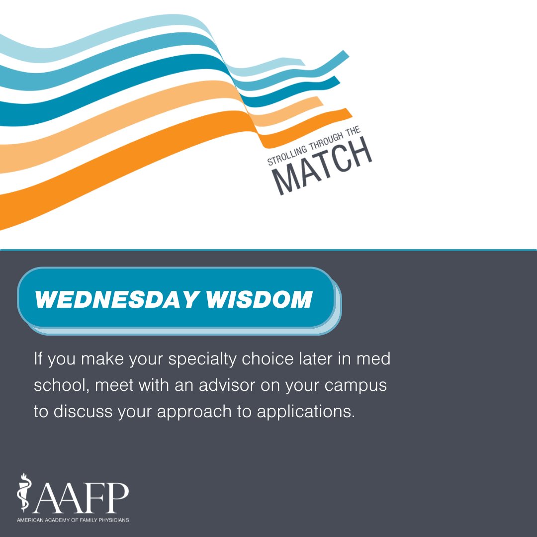 futurefamilymed's tweet image. Wednesday Wisdom: If you make your specialty choice later in med school, meet with an advisor on your campus to discuss your approach to applications. Need more #MatchTips? Check out this free resource: ow.ly/z1HE50JyCGv #MedStudentTwitter