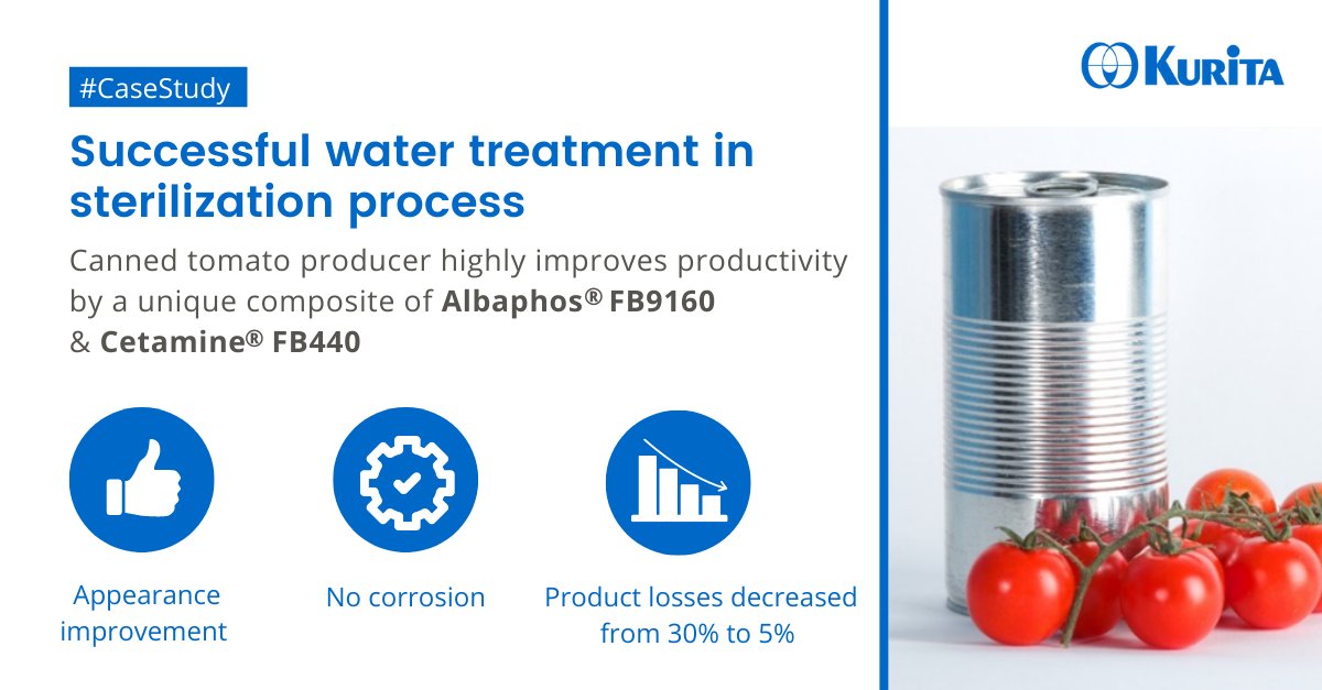 KuritaGlobal's tweet photo. Discover how through Kurita’s #FoodAndBeverage 360° treatment for the whole water system, our customer in the canned industry decreased product losses from 30% to 5%.
Download the #CaseStudy to learn more: https://t.co/CnXwtl07ut
#CanIndustry #ThermalProcess #Autoclaves https://t.co/jrnPdJgdv8