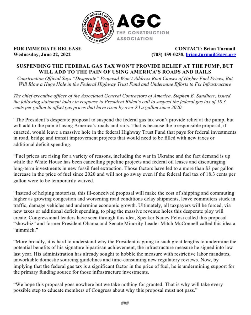 Suspending The Federal #GasTax Won’t Provide Relief At The Pump, But Will Add To The Pain Of Using America’s Roads And Rails agc.org/news/2022/06/2…
