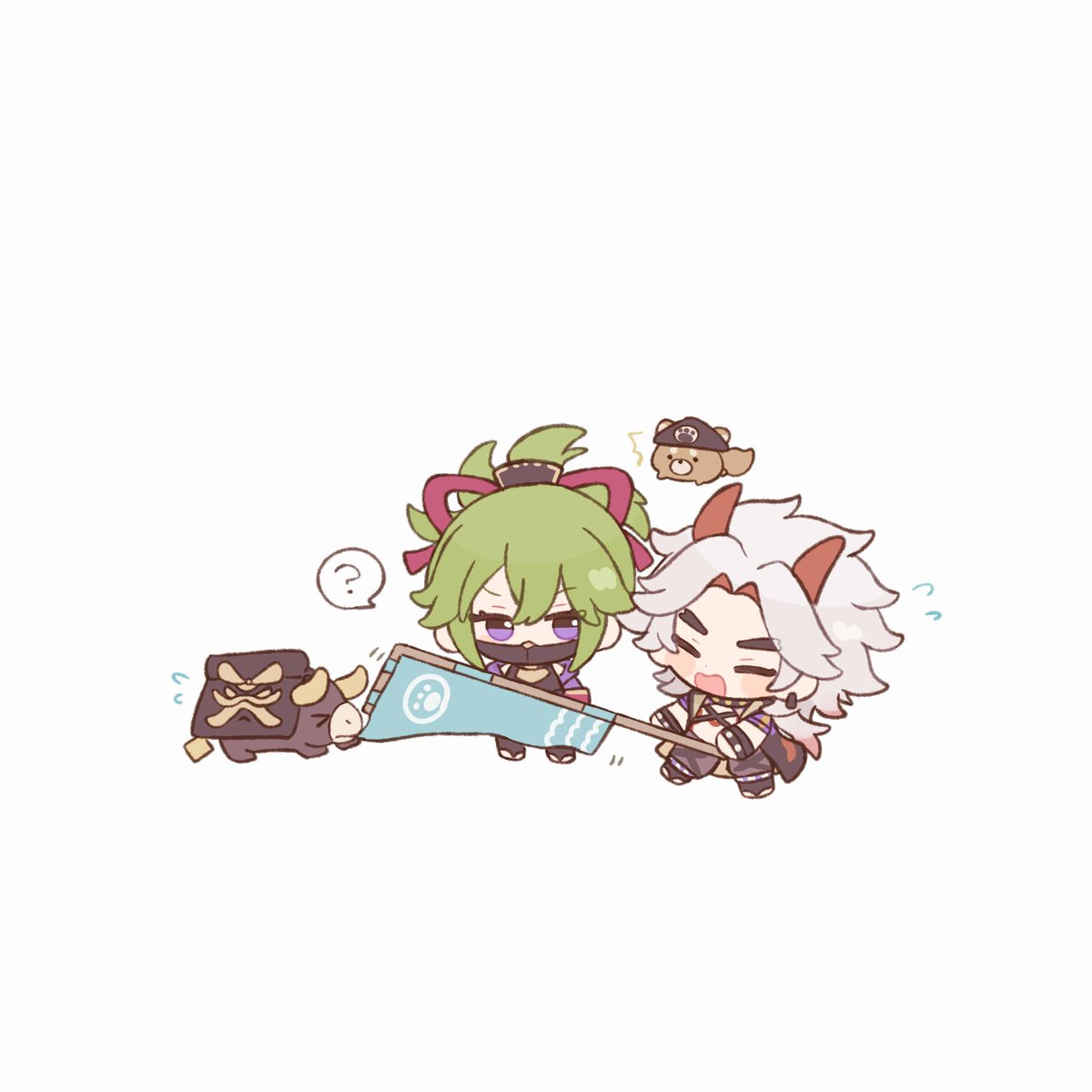 arataki itto ,kuki shinobu 1girl green hair mask chibi simple background horns 1boy  illustration images