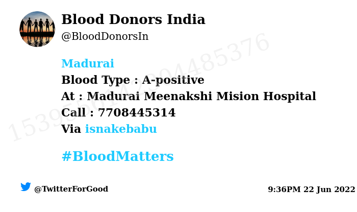 Blood Donors India (@blooddonorsin) on Twitter photo #Madurai
Need #Blood Type : A-positive
Blood Component : Blood
Number of Units : 10
Primary Number : 7708445314
Secondary Number : 9488417953
Patient : C.vinitha
Via: <a href="/isnakebabu/">ஸ்னேக் பாபு</a>
#BloodMatters
Powered by Twitter #Madurai
Need #Blood Type : A-positive
Blood Component : Blood
Number of Units : 10
Primary Number : 7708445314
Secondary Number : 9488417953
Patient : C.vinitha
Via: <a href="/isnakebabu/">ஸ்னேக் பாபு</a>
#BloodMatters
Powered by Twitter