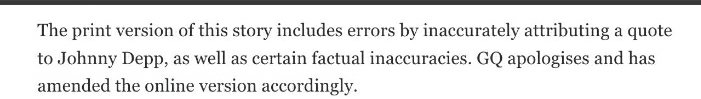 WickedPanda's tweet photo. @aysargaye @xxiAmJaei @missvxolence GQ magazine has since corrected that article, stating that they inaccurately attributed the quote in question to Depp and that they apologise. https://t.co/d92rE5ciDp