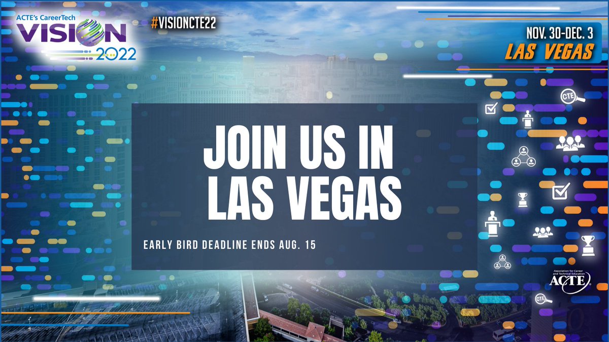 actecareertech's tweet photo. ACTE’s CareerTech VISION attendees can enjoy:

🎉 Featured keynote speakers and leaders 
🎉 Hundreds of educational sessions and networking events in a variety of formats
🎉 Massive CareerTech Expo

Learn more and register by August 15 https://t.co/cluDyc3ARd https://t.co/vkwn9cjvQN