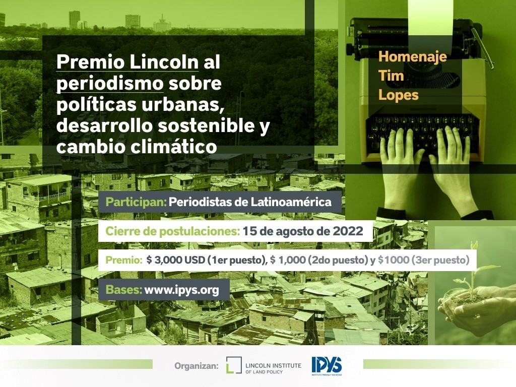 landpolicy's tweet photo. ¿Eres periodista que escribe sobre temas relacionados con políticas urbanas y desarrollo urbano sostenible?
Hemos inaugurado el Premio Lincoln, en honor al periodista brasileño #TimLopes, que se dará en el marco de COLPIN 2022. @IPYS https://t.co/pPcRcjDC3F https://t.co/VXWkIINYzO