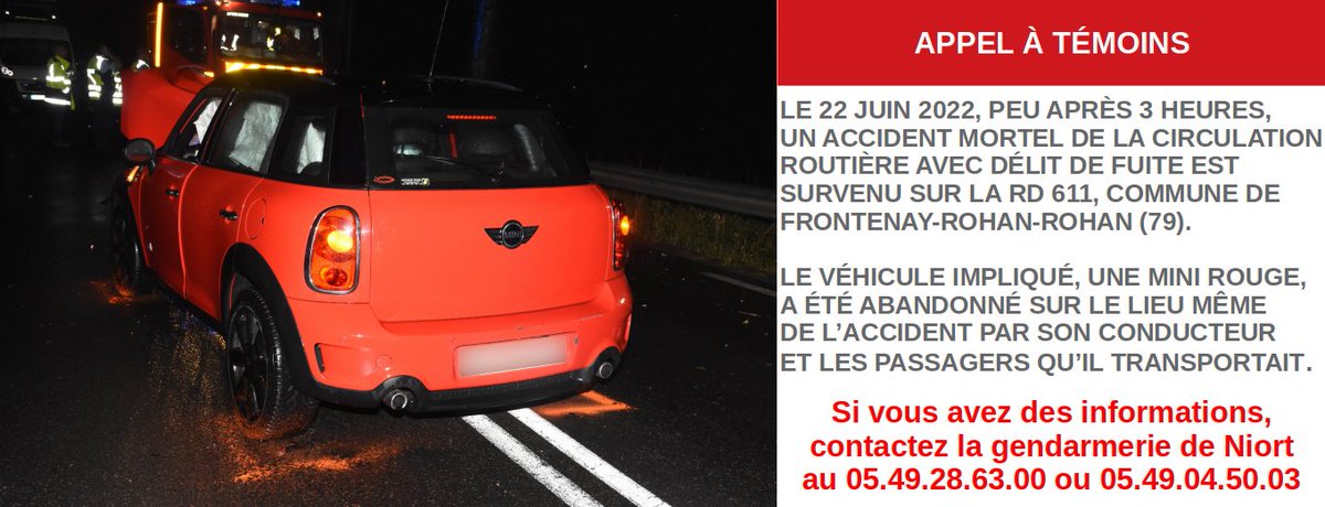La compagnie de gendarmerie de Niort lance un appel à témoins suite à un accident mortel de la circulation routière avec délit de fuite survenu durant la nuit écoulée, sur la RD 611 à Frontenay-Rohan-Rohan et ayant coûté la vie à un sexagénaire circulant en cyclo 👇