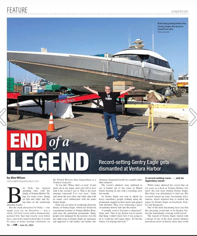 GentryEagle's tweet photo. End of a legend. Gentry Eagle in VC Reporter newspaper. @VC_Reporter #gentryeagle #recordsetting #powerboat #vcreporter #ventura #boboedy https://t.co/xEd4ZfJyZH https://t.co/ii90ZUP80r