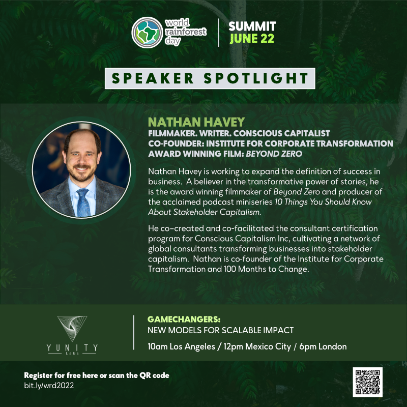 YunityGlobal's tweet photo. Don't  miss brilliant filmmaker, Nathan Havey, at our roundtable, Gamechangers, for #WorldRainforestDay today at 10 am PDT!  https://t.co/Ln7BcWvtdC 

“The most important business story of the past hundred years”
- Garrett Boone, Co-Founder, The Container Store

#Sustainable https://t.co/vf7YeIomi9