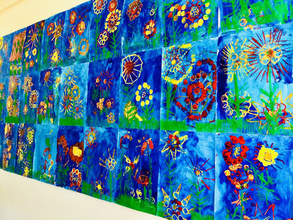 mill_view's tweet photo. Beautiful botanical artwork by year one artists, using simple printing tools (corks, earbuds &amp; card) to create wonderful patterned flowers. @CAcademiesTrust #primaryart #arteducation #ks1art https://t.co/WkDhKUQ5hm